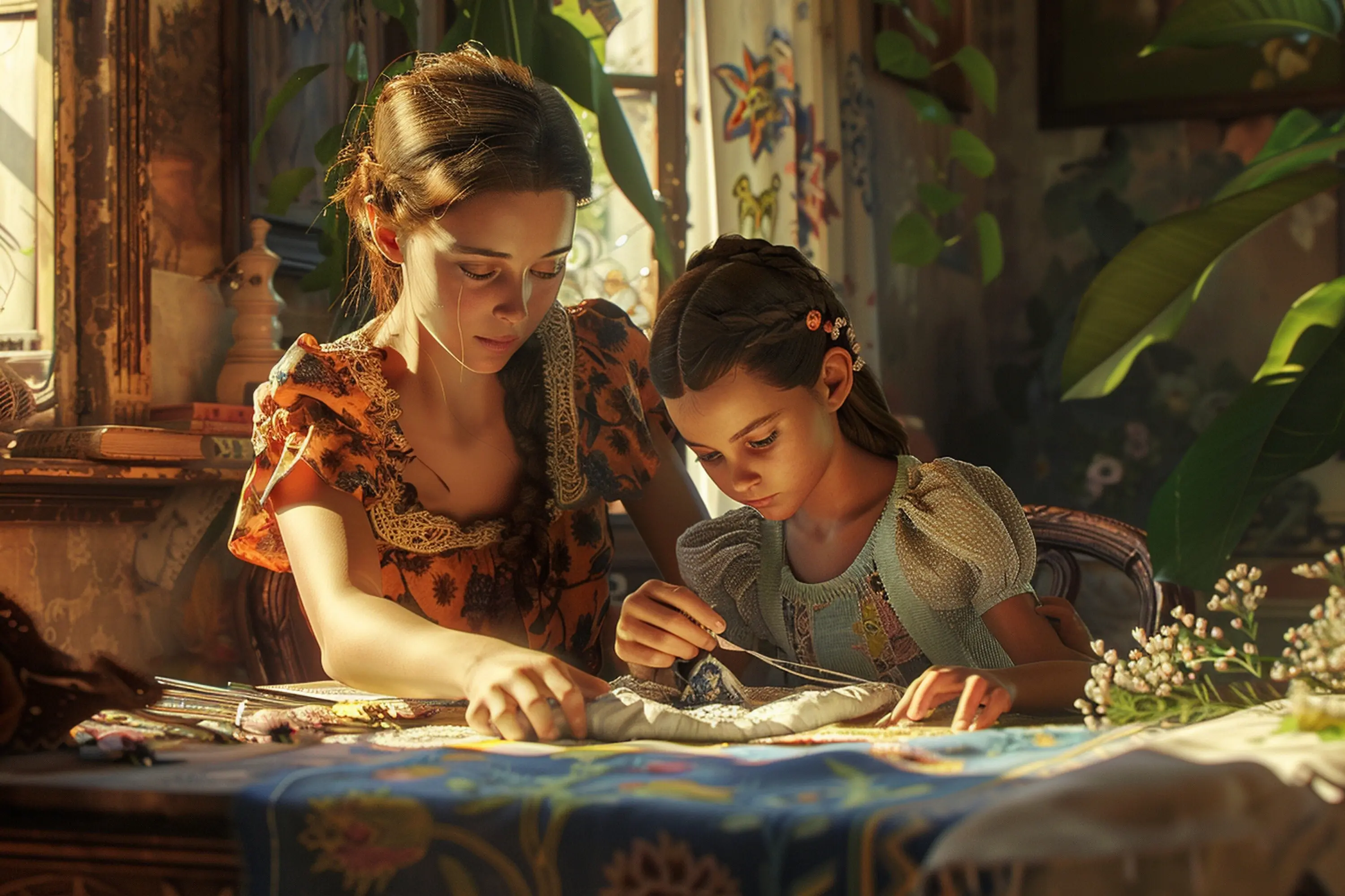 Mutter und Kind verbringen einen Tag bei der Stickerei cl.