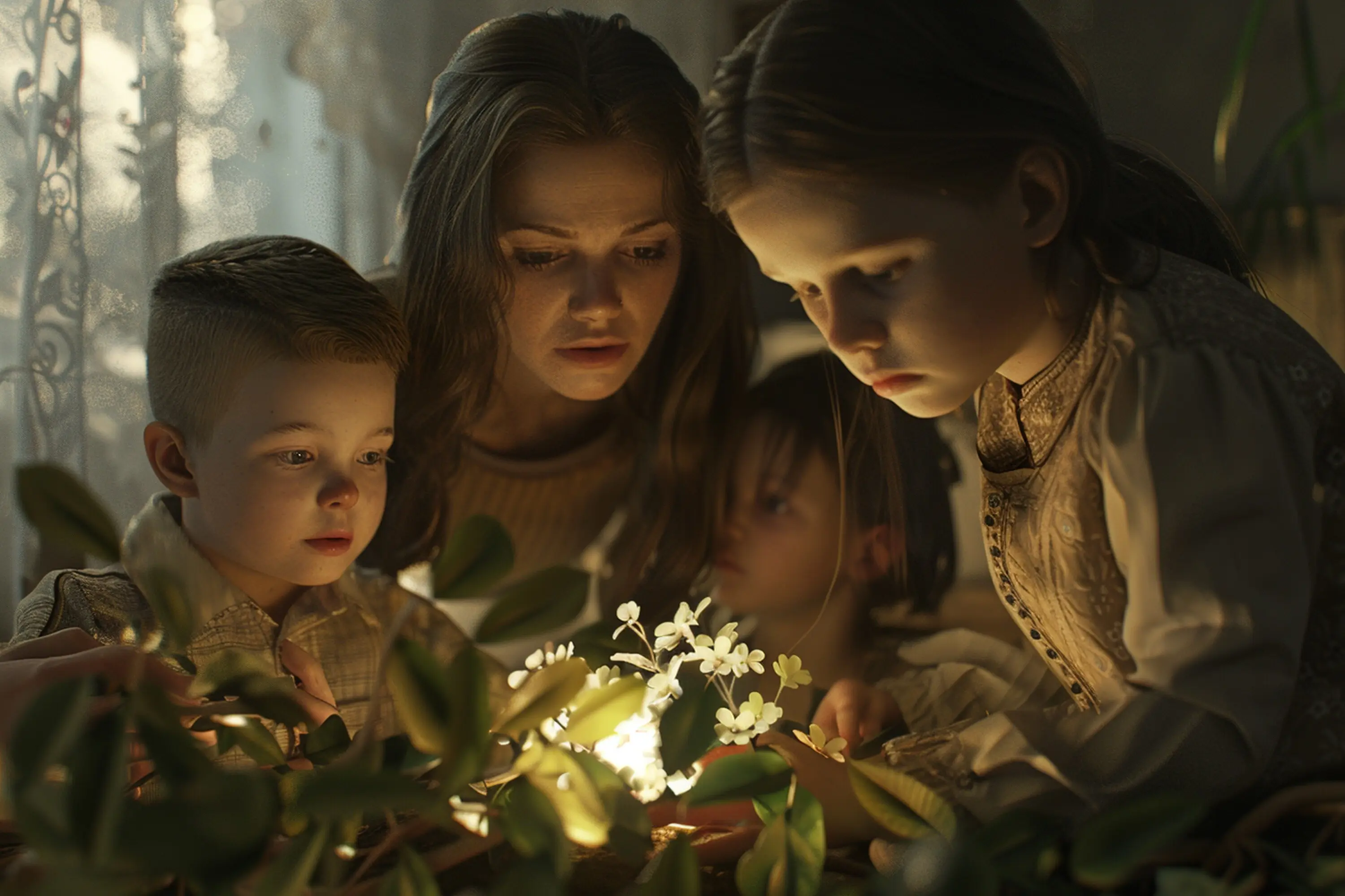 Mama und Kinder erstellen gemeinsam einen Stammbaum.