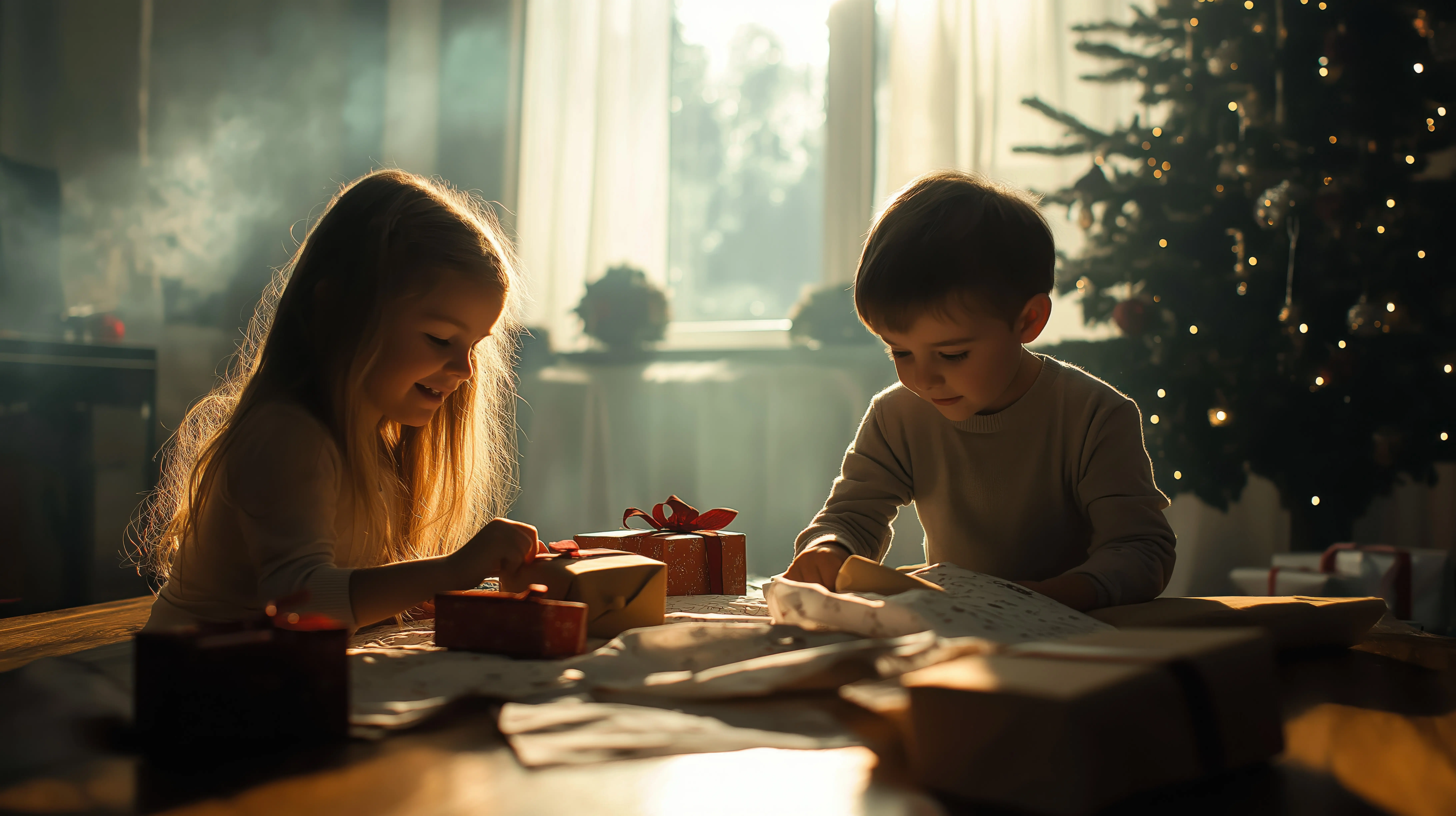Kinder öffnen aufgeregt Geschenke am Weihnachtsbaum, während die Morgensonne durch das Fenster strömt; ringsum liegt verstreutes Geschenkpapier, und in der Luft liegt ein Gefühl von Magie.