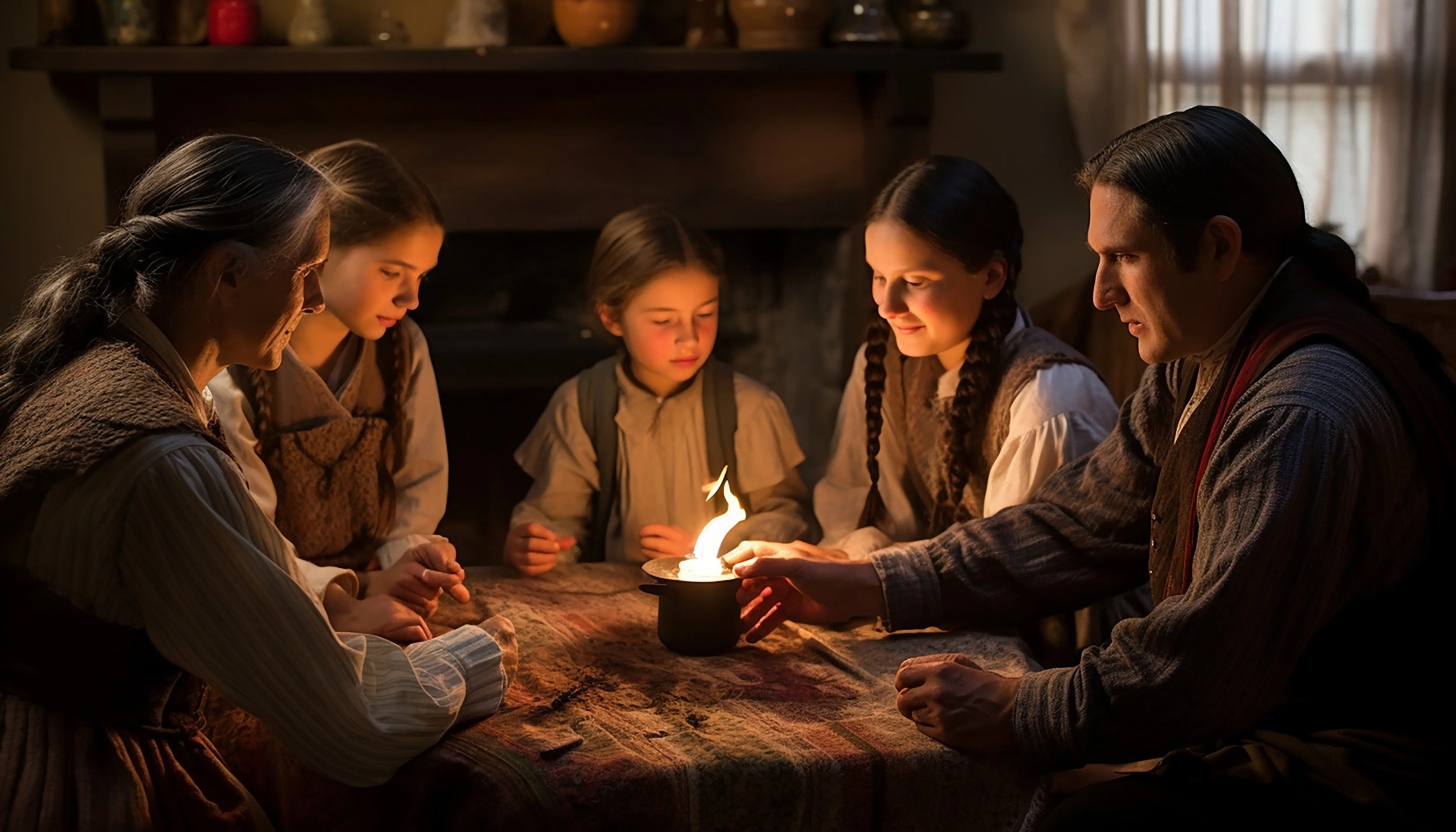 Ein Familientreffen, bei dem ältere Familienmitglieder Geschichten über ihre Erfahrungen und Anekdoten aus der Familiengeschichte erzählen.