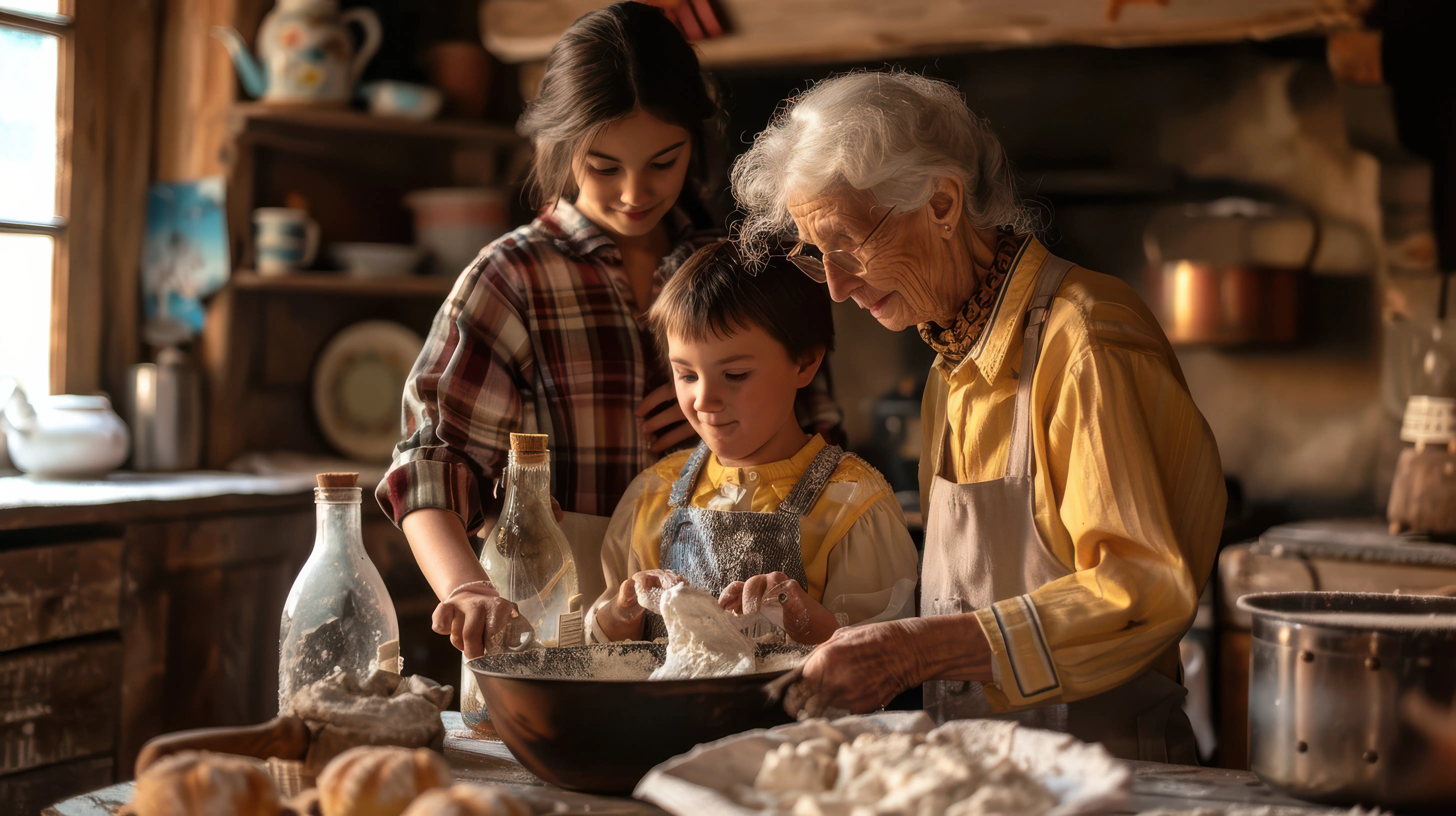 Eine Großmutter bringt ihren Enkelkindern in einer rustikalen Küche das Backen bei, umgeben von Zutaten und der Wärme familiärer Traditionen.